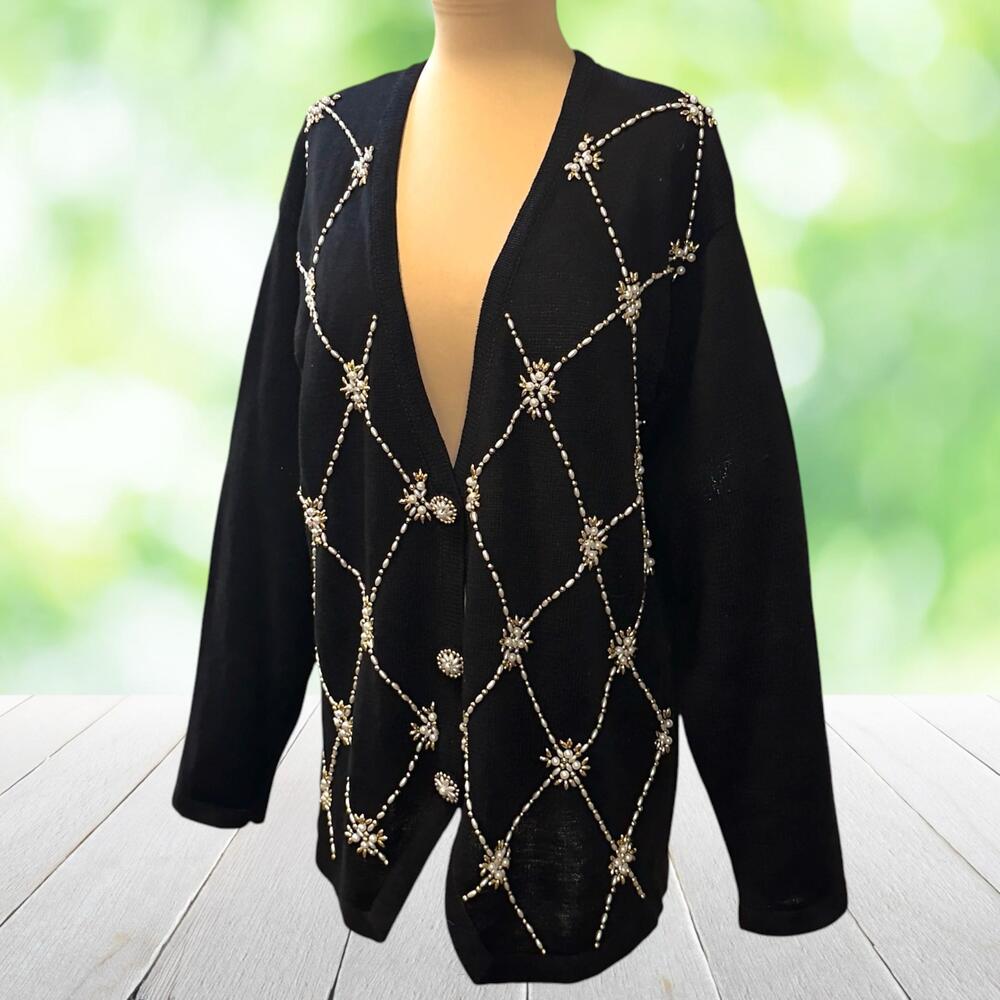 Vintage SML SPORT Hand Beaded Cardigan Sweater Faux Pearl Gold Bead Argyle Sz L